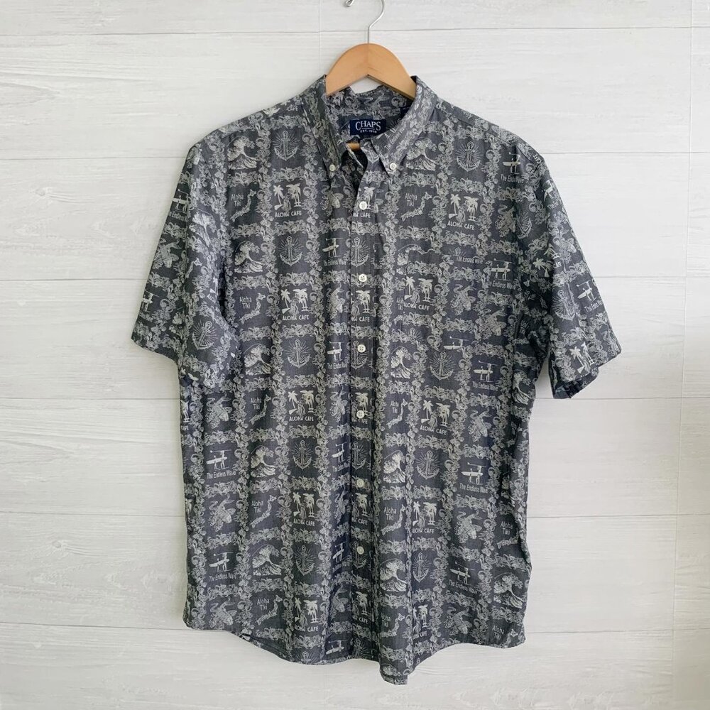 Chaps - Gray ivory Aloha Tiki Easy Care short sleeve button down shirt, sz XL